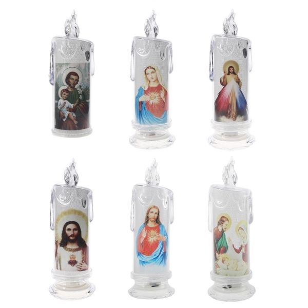 Bougies Jésus Vierge Christ Bougie Lampe Romantique Photophore Électronique Sans Flamme LED Dévotion Prière Lumière Décoration Religieuse 220830