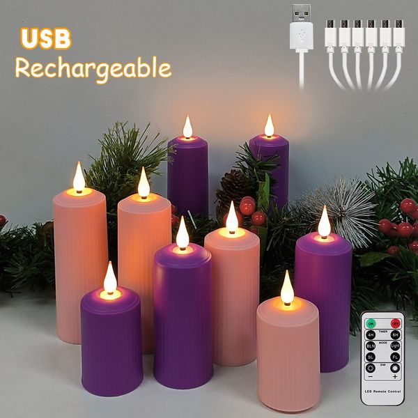 Bougies LED rechargeables par USB avec flamme vacillante rose imperméable mariage noël décoratif violet bougie chauffe-plat minuterie 230919