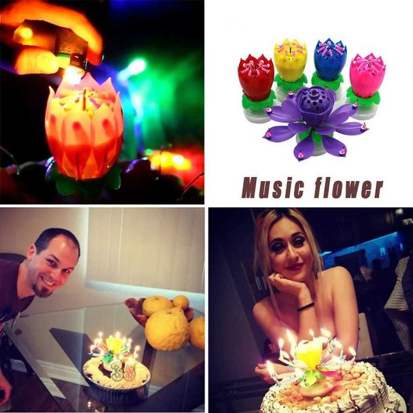 Velas Música De Loto Vela De Loto Vela Musical Flor Doble Flores Pastel De Cumpleaños Rotación Plana Electrónica