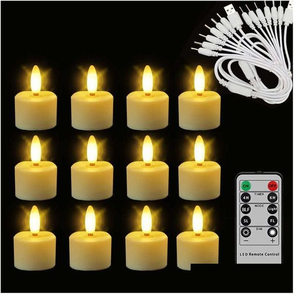 Velas Nuevo 12 Luz de té recargable con temporizador remoto Parpadeo sin llama 3D Velas LED de Halloween Decoración para Navidad y bodas Dhzyj