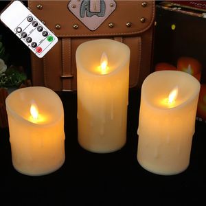 Kaarsenpakket van 3 afstandsbediening bewegende wick led flameless kaarsen flikkerende batterij bediende pilaar kaarsen met realistische vlam 230505