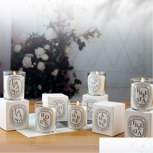 Velas perfumadas Velas aromáticas Caja de lujo Vela romántica de lavanda rosa en frasco de vidrio Cera de soja Aroma Fragancia 50G Entrega de gota Dhkho