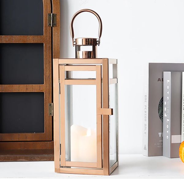 Cougies Lanterne à bougie en acier inoxydable Lanternes Rose Gold suspendu Lantern Candlestick Light for Intérieur Mariages en plein air Party Decor