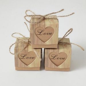 Boîte à bonbons en forme de cœur romantique, sac cadeau Kraft avec ficelle en toile de jute, fournitures de boîte cadeau chic pour cadeaux de mariage, 5x5x5cm