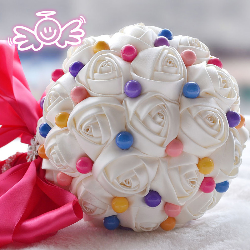 Candy Color Artificial Wedding Bouquets Hot Sale Big Bridal Bouquet Flowers Ivory Roses Wedding Flowers with Colorful Pearls Small