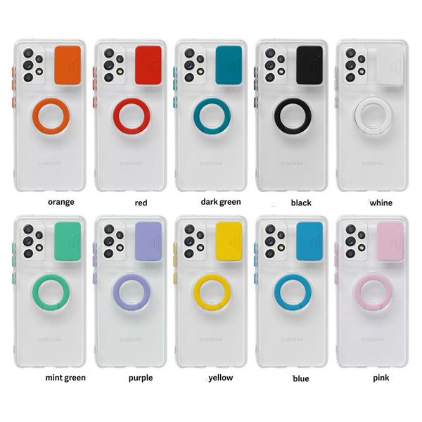 Étuis de couleur bonbon Étui de téléphone avec bague de doigt de protection d'objectif d'appareil photo coulissant transparent pour iPhone 13 12 Pro Max Samsung A20 A32 A52 A72 S21 ultra Plus A02S A30 Xiaomi 11 Redmi Note 10