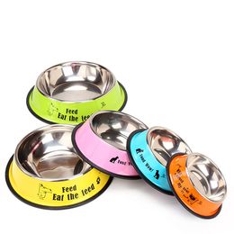 Bonbons couleur chien bols dessin animé acier inoxydable chien bol mangeoires pour animaux de compagnie chat chiens nourriture eau bol d'alimentation chien approvisionnement livraison directe