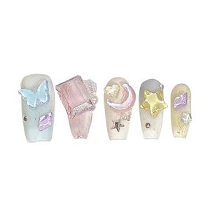 Candy Color Fake Nails met Star Moon Decor Langdurige veilig materiaal Waterdichte valse nagels voor professionele Nail Art Salon 240430