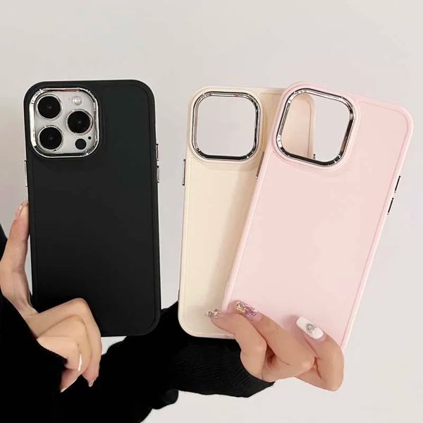 Funda de teléfono con lente chapada en Color caramelo para iPhone 15, 14, 13, 12, 11 Pro Max, 14Plus, funda trasera de silicona sólida a la moda