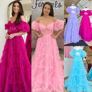 Candy Color Prom jurk 2k23 pure gegolfde sweetheart nek off-shoulder a-line optocht jurken gezwollen kap mouwen korset bodice formeel evenement feest landingsbaan lilac fuchsia