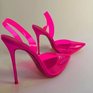 Candy Color Toe Sexy Mujeres puntiagudas PVC Pombas de tacón de tacón de aguja Pink Green Transparente Tacones altos grandes Tamaño 46 63 S