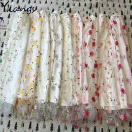 Falda plisada de malla de encaje con bordado de flores en 3D de colores caramelo para mujer de cintura alta larga Midi Skrit elegante tul dulce kawaii Streetwear 210619