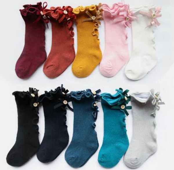 Chaussettes couleurs acidulées pour bébés enfants, nouvelles chaussettes tricotées à gros nœud pour filles, hautes aux genoux, longues et douces en dentelle de coton, chaussettes à volants pour bébés