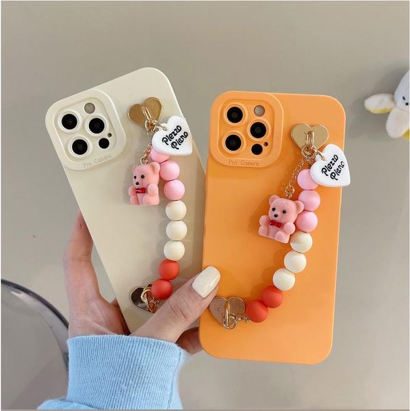 Bonbons Couleur Pure Ours Chaîne Bracelet Antichoc Téléphone Cas Mat Couverture En Silicone Souple Pour iPhone 13 Pro Max 11 12 X XR Xs 7 8 Plus Mini 13Pro Cas Peau Shell