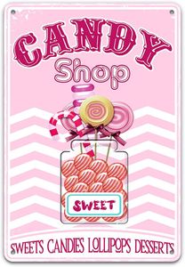 Candy Shop Sweets Candies Loollipops Desserts Vintage Pink Metal Tin Sign Wall Decor, Retro Art Painting Affiche plaque