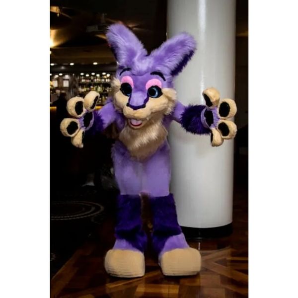 Canine chat Fursuit Husky Costume de mascotte violet jambe droite Costume Halloween accessoires de fête à la main longue fourrure chien