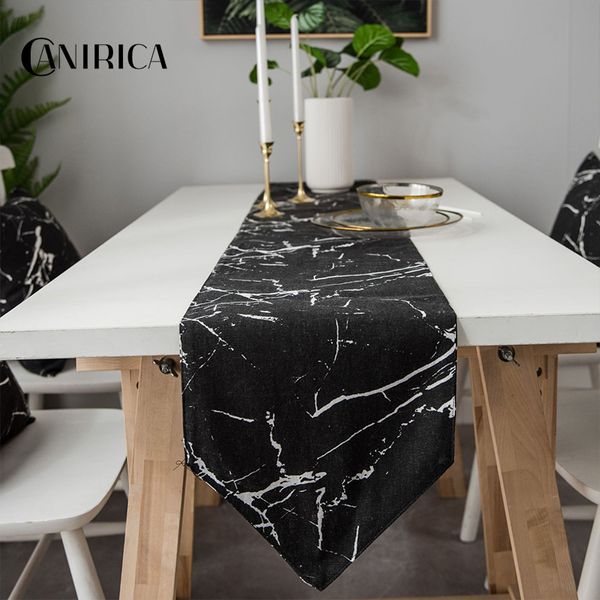 Canirica Table Runner Marble Table Coureurs Modern Tafelloper Table à manger Décor Camino de Mesa Décoration de cuisine Noir Blanc 201123