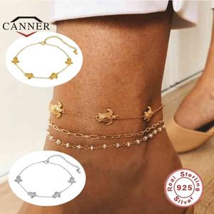 CANNER 925 Sterling Zilver Little Tortoise Aklet voor Vrouwen Eenvoudige voetenketen Ankenbanden Armband Enkle Vrouwelijke Fijne Sieraden Gift