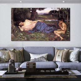 Canvas Art Mooie Dame Luister naar My Sweet Pipings John William Waterhouse Schilderij Handgemaakt Klassiek Restaurant Decor