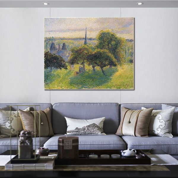Lienzo de arte Camille Pissarro, pintura de granja y campanario al atardecer, obra de arte hecha a mano, decoración vibrante para bodega