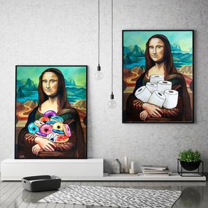 Canvas Art grappig Mona Lisa kunst schilderen vasthouden toiletpapier bad handdoek handdoek handel in abstracte olie poster woonkamer huis decoratie cuadros muur kunst foto slaapkamer decor