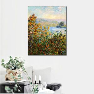 Lienzo pintado a mano, pinturas al óleo de Claude Monet, macizos de flores en Vetheuil, paisaje de jardín, obra de arte para decoración de restaurante