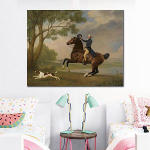 Canvas Art Paard Landschap Portret van Baron De Robeck Riding A Bay Hunter George Stubbs Schilderij Handgeschilderd Hotelkamer Decor