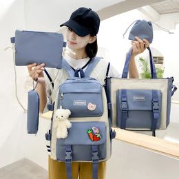 Canvas sac à dos féminin Version coréenne grande capacité 5 pièces d'étudiants du collège Bag 231222