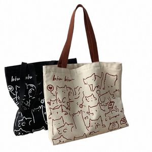 Bolsas de lona Bolso para mujer Shopper Cute Cat Tote Bag con cremallera Bolso de diseñador Estilo japonés Carto Pequeños bolsos de hombro O7QH #