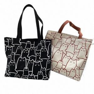 Canvas Tassen Handtas voor Vrouwen Shopper Leuke Kat Draagtas met Rits Designer Tas Japanse Stijl Carto Kleine Schouder y8KB #