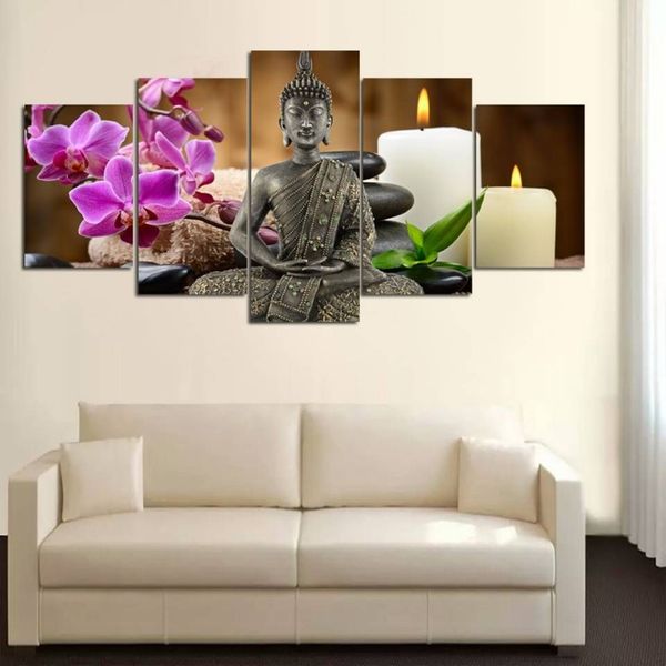 Impresiones en lienzo de alta definición, imágenes para decoración del hogar, 5 piezas, pinturas de Buda Zen, polilla, orquídea, vela, carteles para sala de estar, arte de pared sin marco 238h