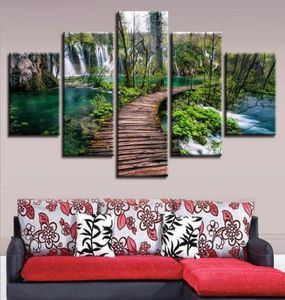 Canvas HD Prints Foto Muur Kunst 5 Stuks Houten Brug Waterval Landschap Schilderijen Home Decor Poster Modular5129108