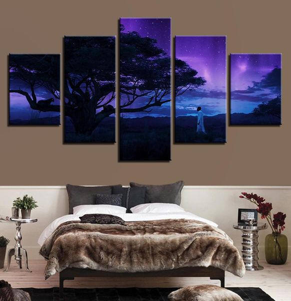 Lienzo impresiones en HD, póster, arte de pared, 5 piezas, pinturas de leopardo negro, árbol modular, imágenes de paisaje nocturno abstracto, marco de decoración del hogar 3181007