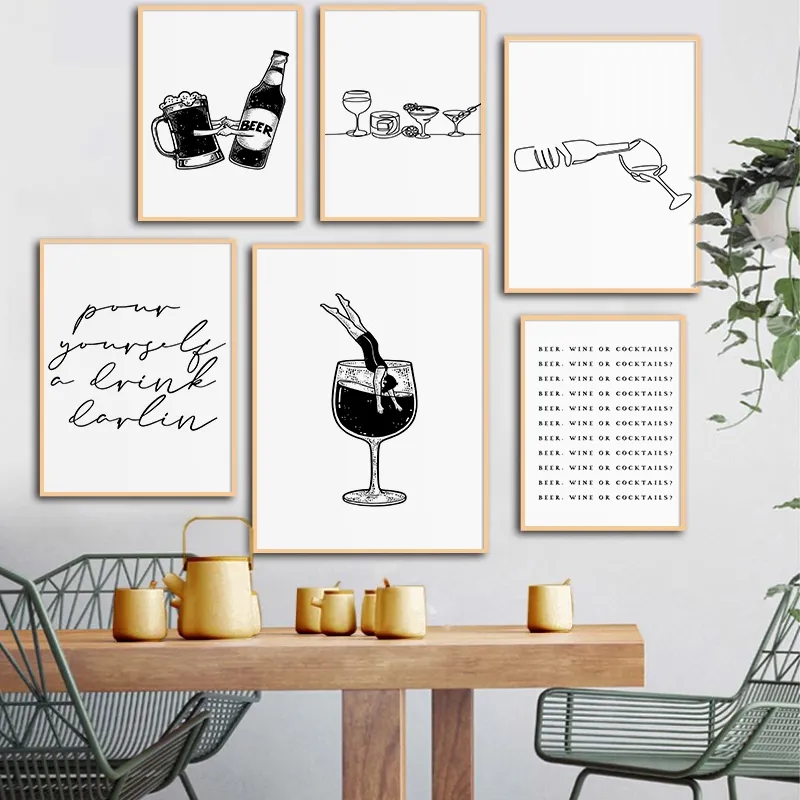 Canvas Painting Abstract Alcohol Wine Beer Cocktail Line Drawing Minimalist Posters And Prints Wall Art Picture Bar Restaurant Kitchen Decor Wo6