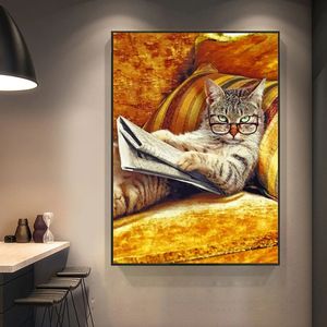 Lienzo pintura abstracta Animal gato leer periódico carteles modernos e impresiones arte de pared imagen para decoración para las paredes del salón Cuadros sin marco