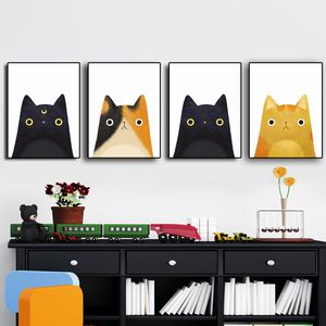 Toile peinture abstraite noir et jaune chat Animal Art scandinave minimaliste impression et affiches photo murale pour salon