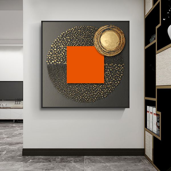 Lienzo pintura círculo negro abstracto con láminas doradas naranja geométrico nórdico pared arte carteles e impresiones para decoración del hogar