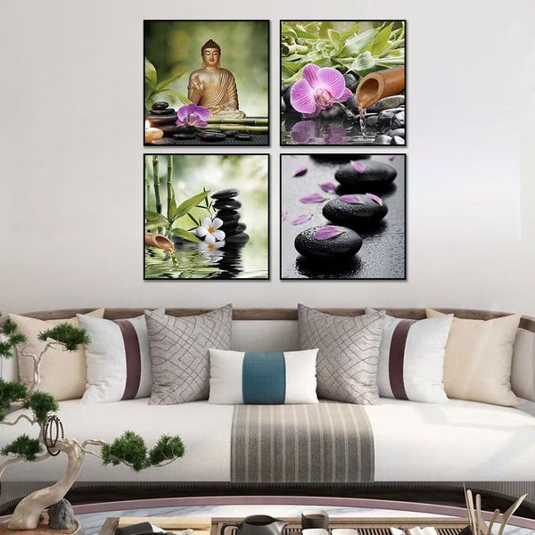 Toile peinture abstraite Bouddha Bamboo Flower Water Affiches et imprimés Art mural Image abstraite pour le salon Décoration de la maison