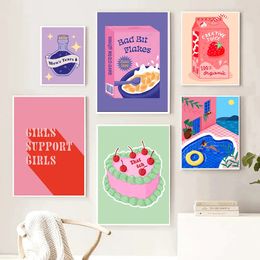 Canvas schilderen abstract kleurrijke foto zwembad kunst posters print romantisch meisje drink melk cake woonkamer meisje slaapkamer thuis decor wo6