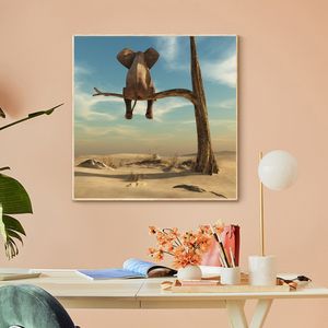 Peinture sur toile abstraite d'éléphant assis sur l'arbre, tableau d'art mural imprimé d'animaux et affiche pour décor de salon