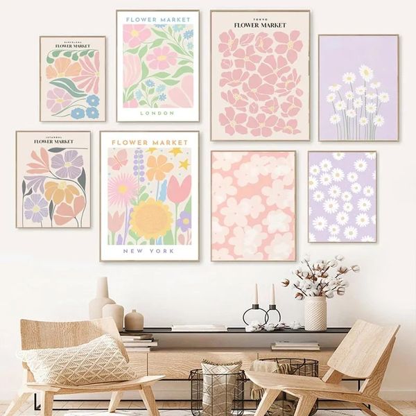 Canvas peinture abstraite Flower Market Art Nordic Aesthetic Retro Floral Affiches et imprimés Pictures murales pour le salon Girls Chambre Decor No Frame Wo6