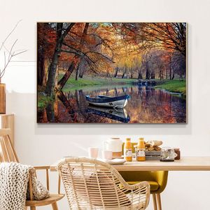 Toile de peinture abstraite bleu forêt avec bateau blanc sur la rivière, affiches et imprimés de paysage modernes, Art mural pour décoration de maison
