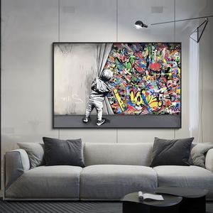 Canvas Schilderij Abstract Jongetje Graffiti Art Schilderen Op Nordic Cartoon Posters en Prints Muur Kunst Voor Kinderkamer Woonkamer decor