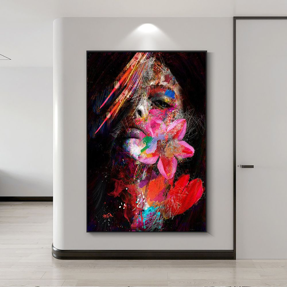 Pintura en lienzo de mujer abstracta con grafiti de flores, carteles artísticos e impresiones, imágenes artísticas de pared para decoración del hogar y sala de estar