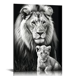 Toile peinture animal lion noir et blanc avec cub art mur afrique affiche lion et moderne minimaliste photo mur salon décoration chambre à coucher