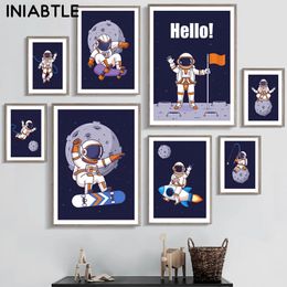 Pintura de lona Astronaut Planeta Space Rocket Carteles de dibujos animados impresos Arte de pared de la pared nórdica Decoración de dormitorio para niños para niños Wo6