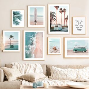 Pintura de lienzo Playa Escenaria Life Life Tropical Beach Beach Board Board Palm Tree Boat Boats Boats Boats Arte de la pared Sala de estar Decoración del hogar WO6