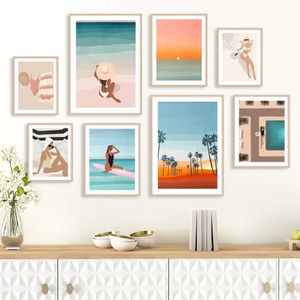 Canvas Schilderij Strand Surf Meisje Badpak Zwembad Zonsondergang Abstract Poster Wall Art Prints Muur Foto's Voor Boho Woonkamer Vrouwen Slaapkamer Koffie Decor Geen Frame Wo6