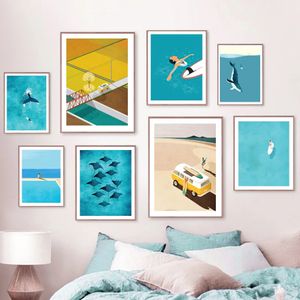 Peinture sur toile plage baleine surfeur Art mural planche de surf piscine affiches et impressions images minimalistes pour salon chambre décor cadeau sans cadre Wo6