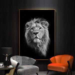 Toile peinture noir et blanc Lion féroce affiches et impressions scandinave Cuadros mur Art photo pour salon